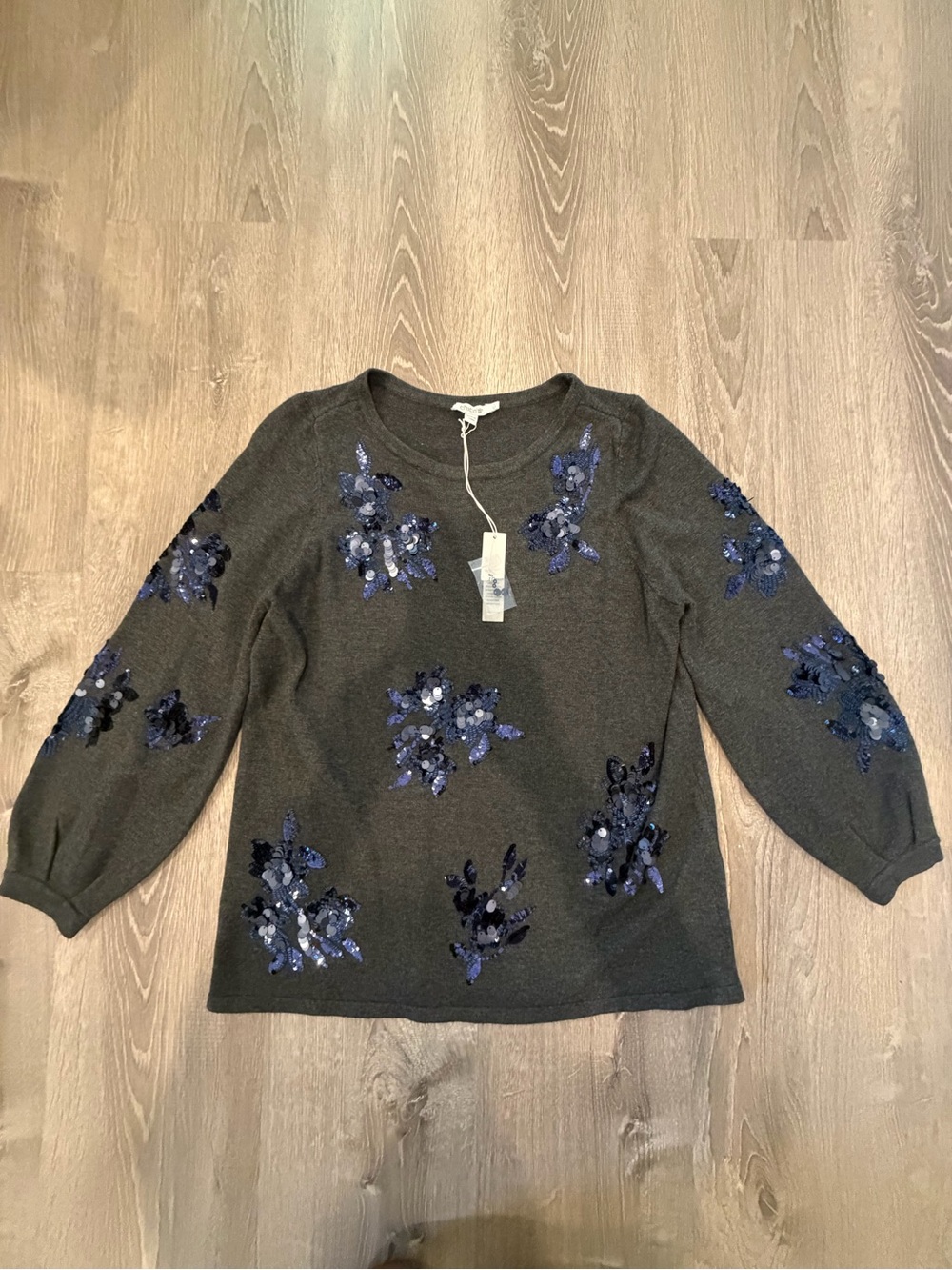 Chico's Charcoal Sweater with Navy Sequin Floral Appliqués